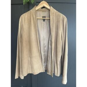 Eileen Fisher Tan Suede Jacket Women’s L Open Front Italian Goat Leather Minimal